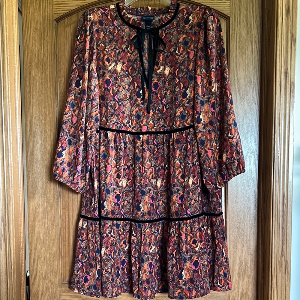 Women’s Scoop Long Sleeve Velvet Trim Tiered Dress, Size L, NWT, Fall Colors